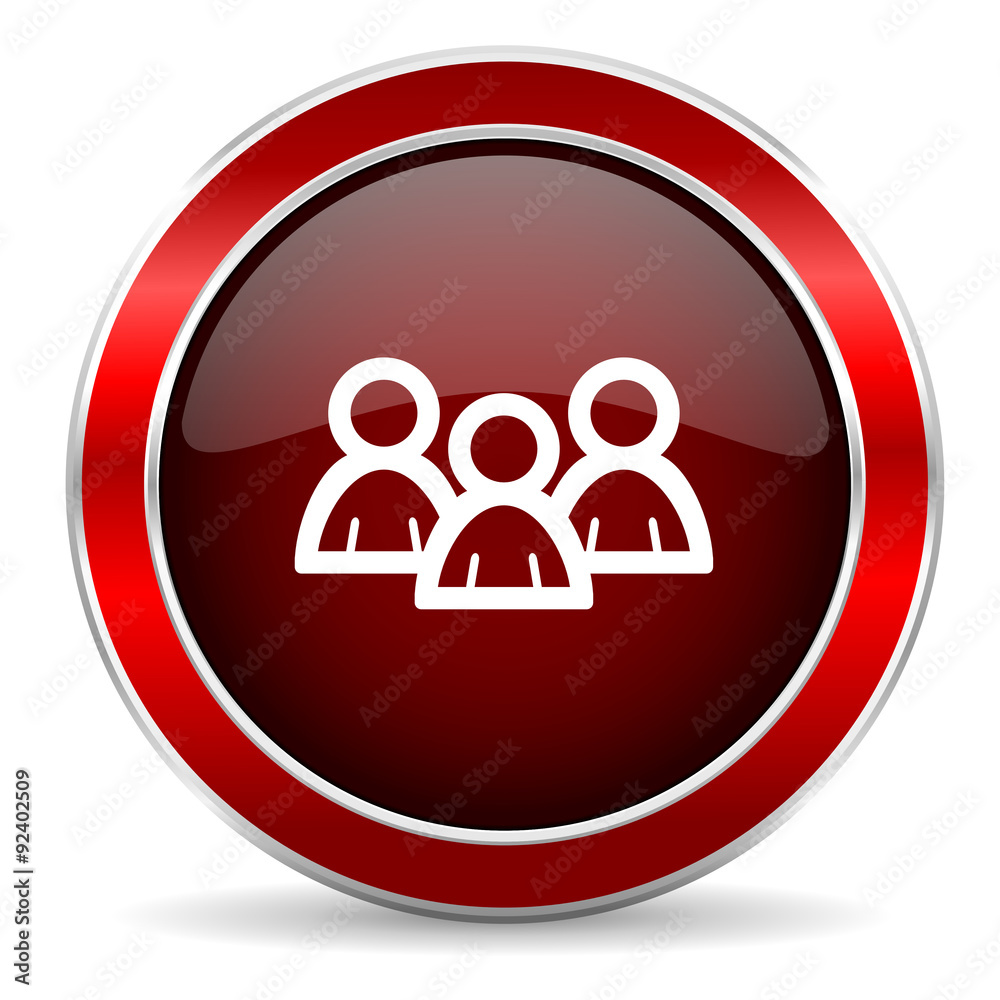 Poster forum red circle glossy web icon, round button with metallic border