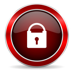 padlock red circle glossy web icon, round button with metallic border
