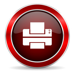 printer red circle glossy web icon, round button with metallic border