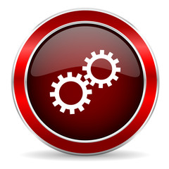 gear red circle glossy web icon, round button with metallic border