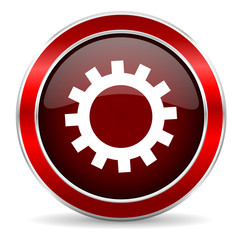 gear red circle glossy web icon, round button with metallic border