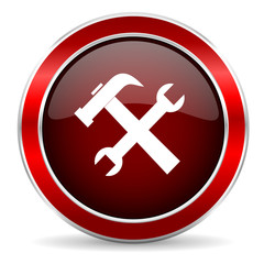 tool red circle glossy web icon, round button with metallic border