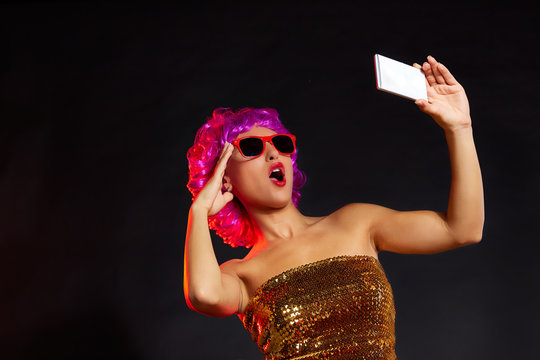 crazy purple wig girl selfie smartphone fun glasses