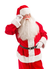 Santa Holding Christmas Present in his Hands on a White Backgrou