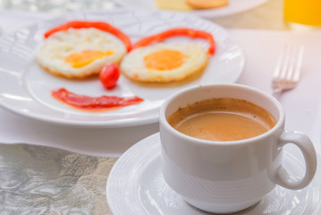 Happy Face Frying Eggs breakfast with coffee