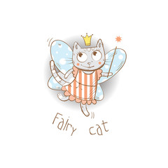 Children's card with cartoon fairy cat and magic wand. Vector image.