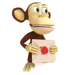 3d funny monkey hold envelope with red wax seal