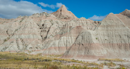 Banded rock formations in mountains of Badlands National Park in South Dakota