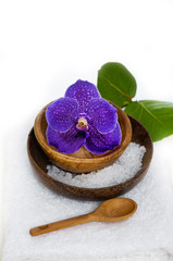 Fototapeta na wymiar bowl of blue orchid with salt and leaf and spoon on towel