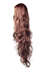 long curly brown wig on a white background