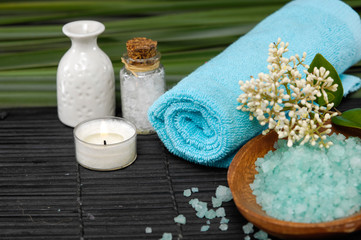 Spa set on mat with green plant background