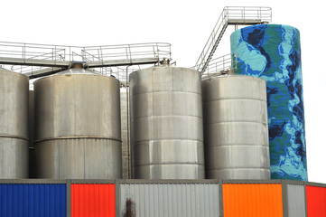 Stainless steel industrial silos.