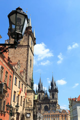 Lantern, Old Town City Hall and Church of Our Lady before Tyn in Prague