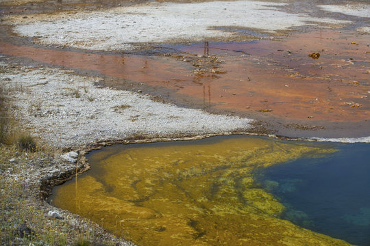 Blue, yellow and orange water of hot springs, Yellowstone, Wyomi