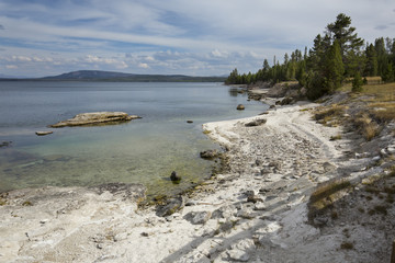 Fototapeta na wymiar Wavy shoreline of Yellowstone Lake, with white limy beach, Wyomi