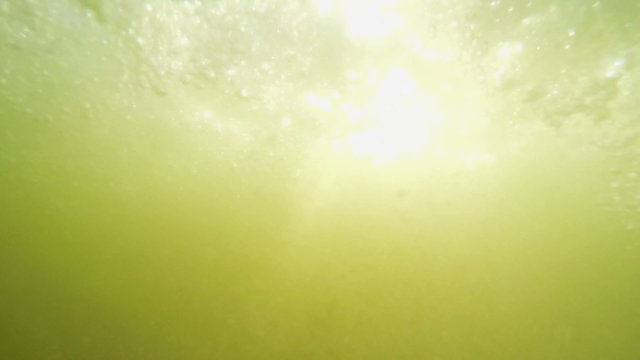 slow motion underwater shot below surface of Baltic sea with waves and sunbeams