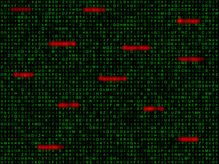 Twelve most common passwords in front of hundreds of random green letters with different brightness © beebright
