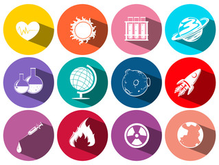 Science and technology symbols on round icons