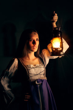 Beautiful Medieval Princess Holding Lantern 