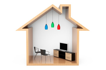 Lcd TV with Chairs in the Wooden House Outline