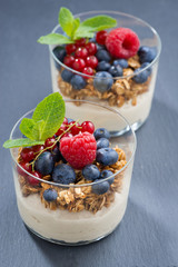 dessert with milk cream, fresh berries and muesli, vertical