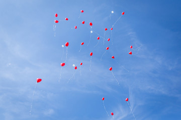 Luftballons in rot und weiß steigen in den blauen Himmel