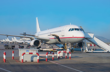 Obraz na płótnie Canvas Passenger plane in the airport. Aircraft maintenance.
