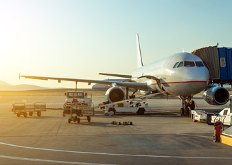 Fototapeta na wymiar Passenger plane in the airport at sunrise. Aircraft maintenance.