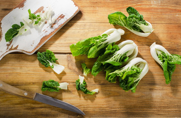 Chinese cabbage, Bok Choy on wooden table.