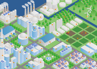 agriculture with IoT(Internet of Things), sensor network, landscape illustration