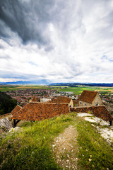 View of mountain village under the cloudy sky