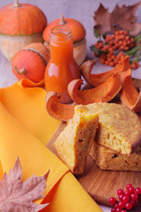 Autumn still life. Homemade Pumpkin Pie and juice for Thanksgivi