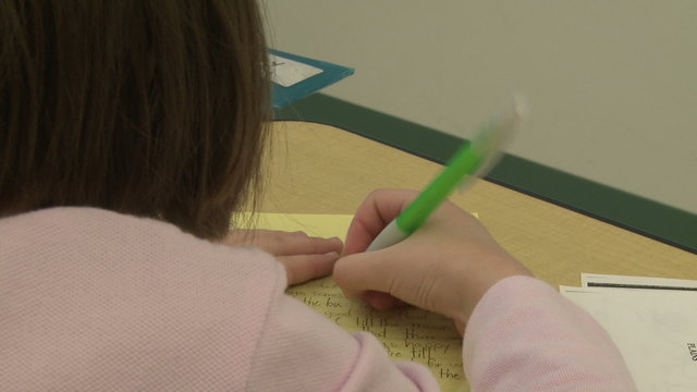 Grammar school students working on papers in classroom