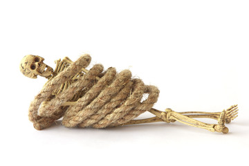 Stock Photo:.Still life with Human skeleton with rope on white