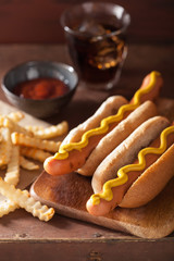 grilled hot dogs with mustard and french fries
