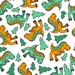 vector seamless cute graphical cartoon dinosaur pattern. childhood design. fantastic little dino