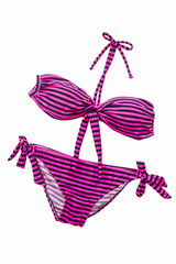 Striped bikini. Pink woman swimming suit.