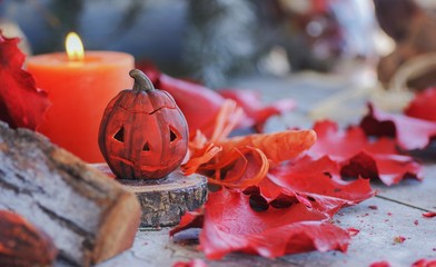 pumpkin on a background of dry plants and candles