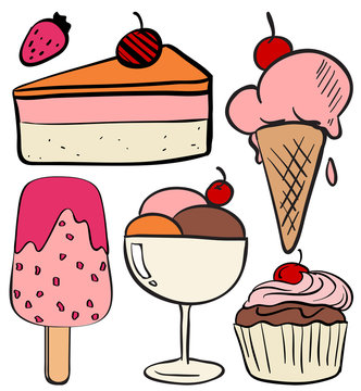 Set of ice cream and cakes