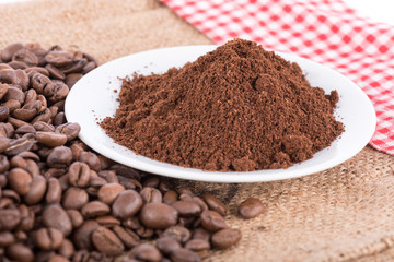 Powdered coffee with coffee beans