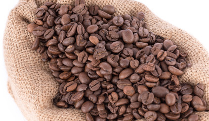 Coffee beans in a burlap bag
