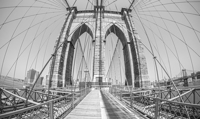 Brooklyn Bridge in fisheye lens, monochromatic style, USA.