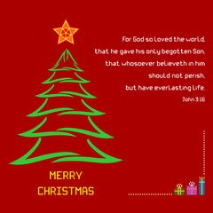 Christmas Holy Bible verse John 3:16 - A Christmas greeting with brush stroke tree and colorful star against a red background. Bible verse John 3:16 is displayed along with Merry Christmas message.