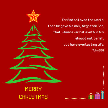 Christmas Holy Bible verse John 3:16 - A Christmas greeting with brush stroke tree and colorful star against a red background. Bible verse John 3:16 is displayed along with Merry Christmas message.