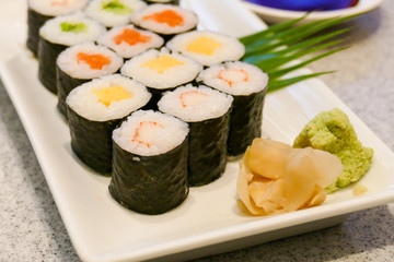 japanese sushi, wasabi and soy sauce