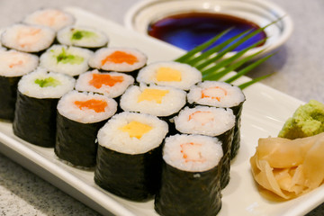 japanese sushi, wasabi and soy sauce