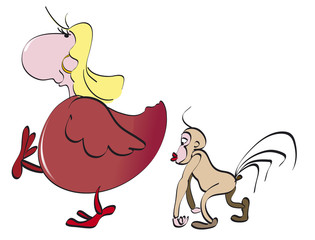 Une poule suivit par un singe