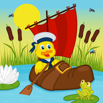 duckling floating on lake in boot - vector illustration, eps