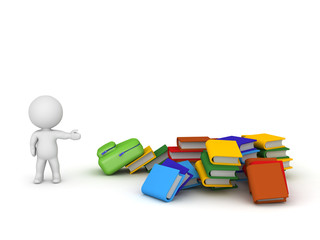 3D Character Showing Pile of Books and Schoolbag