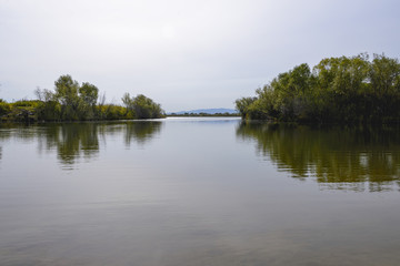 Fototapeta na wymiar The calm surface of the lake . Quiet autumn day on the lake.